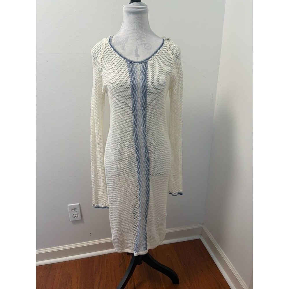 Tommy Bahama Womens S Crochet Knit Hooded Cover Up Dress Cream Blue Beach Boho